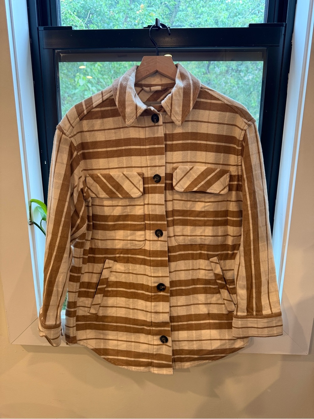 Everlane Brown and Cream Striped Button-Up Shacket
